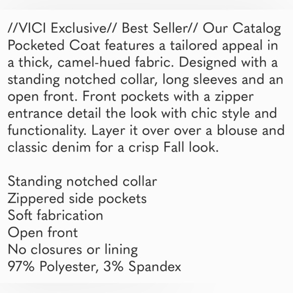 VICI- Catalog Pocketed Coat- NWOT - Picture 4 of 8